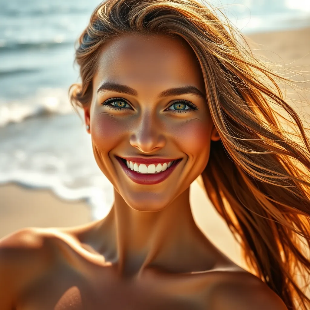 A captivating image that illustrates the benefits of Powerful Marine Collagen Tablets.  The image should feature a young, healthy woman with a radiant, youthful complexion, glowing skin, and a confident smile. The woman is standing against a backdrop of a natural landscape, such as a serene beach with sparkling water and soft, golden sand. Her skin is flawless, smooth, and elastic, showcasing the effects of the collagen tablets. The image should depict the woman's hair as lustrous and vibrant, highlighting the benefits of Biotin. The overall mood should be optimistic and uplifting, emphasizing the positive transformation achieved through the collagen tablets. The lighting should be natural and warm, accentuating the woman's beauty and the vibrant colors of the natural surroundings. The image should be rendered in 8K resolution with hyperrealistic detail, capturing the nuances of the woman's skin and hair texture.