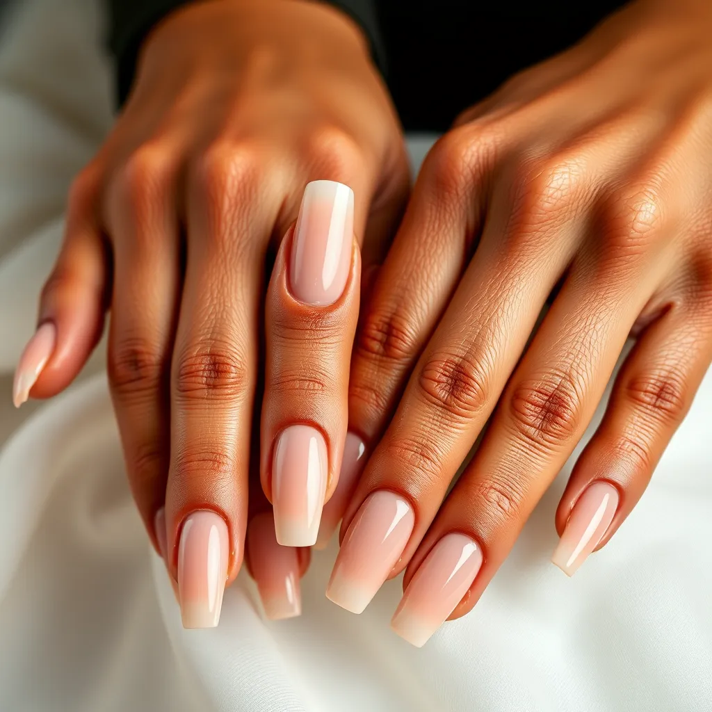 A close-up image of hands with well-maintained, long nails. The nails should be smooth, strong, and have a healthy, natural shine. The background should be soft and elegant, highlighting the beauty of the nails.