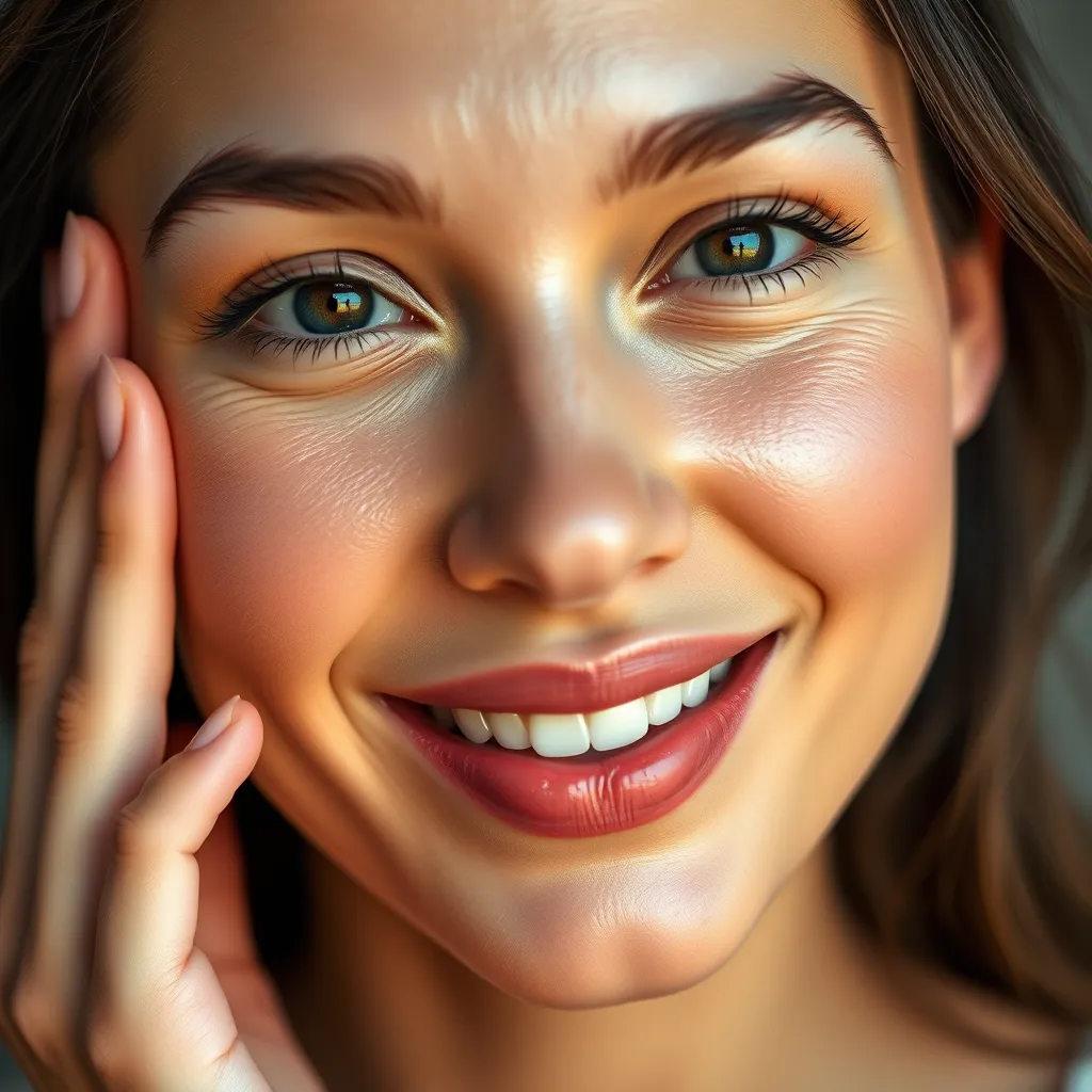 A close-up photo of a woman with radiant, glowing skin, smiling confidently. The background is blurred, and the image has a soft, natural light. The woman's hand is gently touching her cheek, showcasing the smooth texture of her skin.  The image evokes a feeling of confidence and youthful vitality.