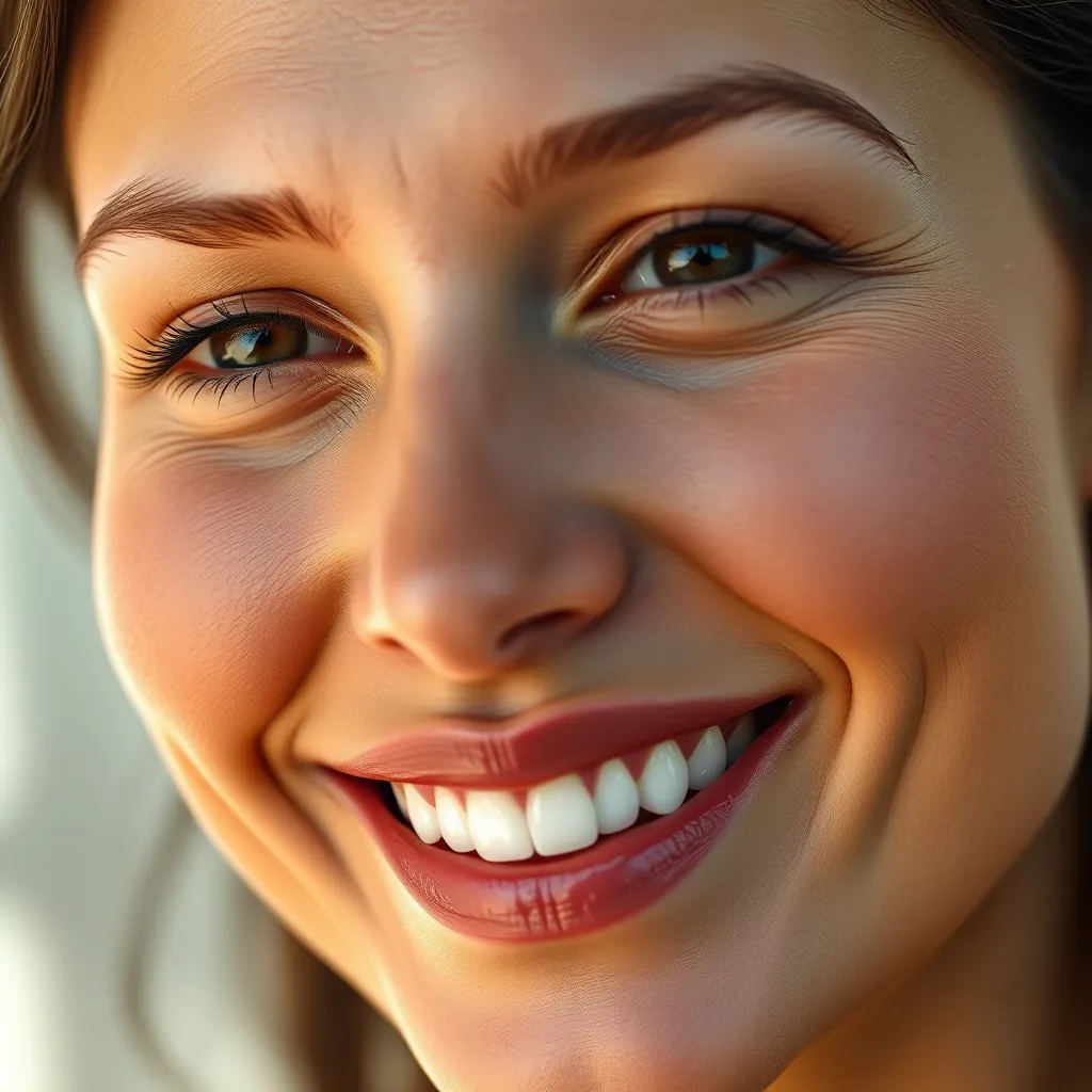 A close-up photo of a woman with radiant, youthful skin, smiling confidently. The image should focus on the texture and smoothness of her skin, highlighting the benefits of marine collagen. The background could be a soft, natural light setting, emphasizing the natural and healthy aspect of the product.