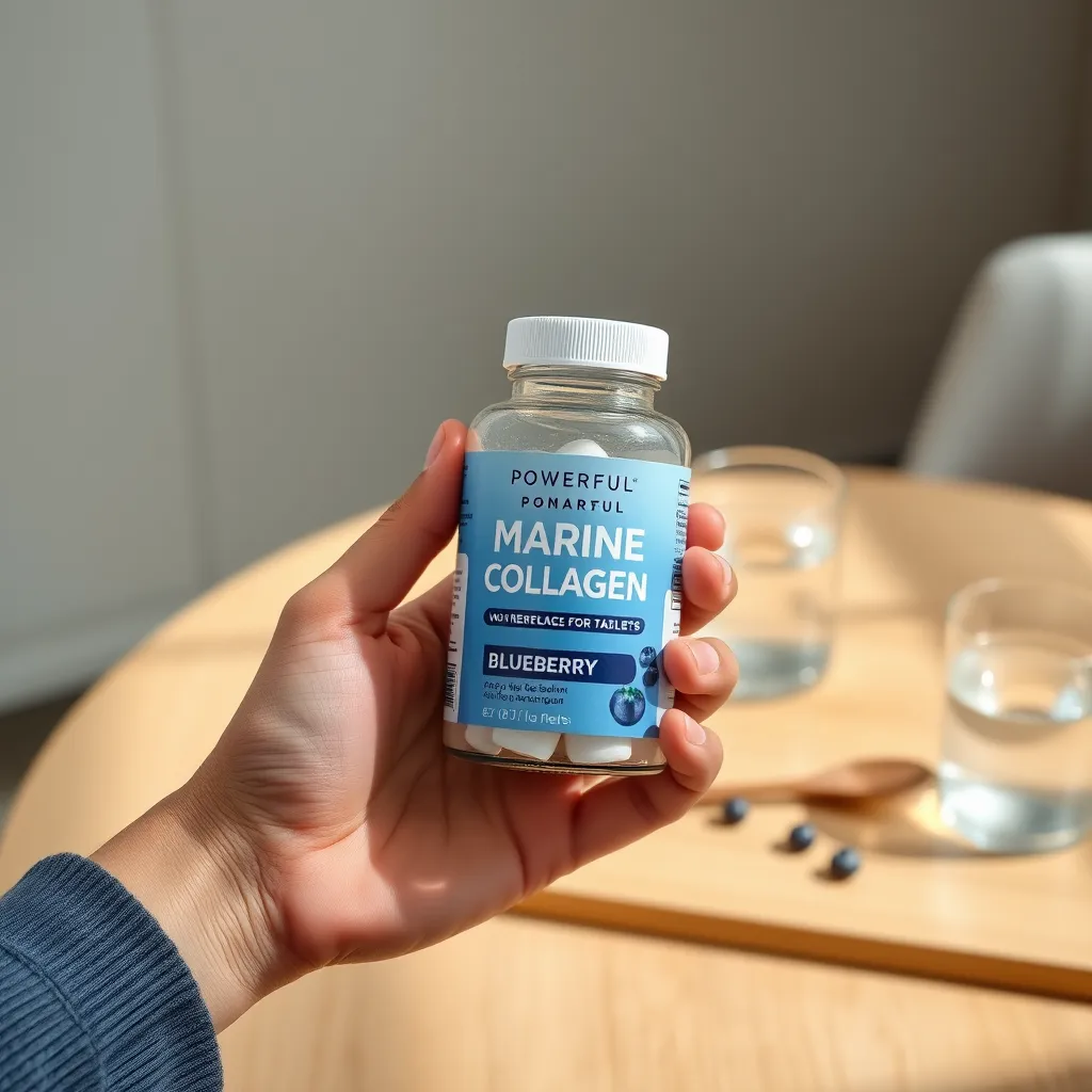 A hand holding a bottle of Powerful Marine Collagen Tablets. The bottle is clean and modern with a blue label, highlighting the blueberry flavor. The background features a minimalist design with natural elements like a wooden table and a glass of water, creating a calming and inviting ambiance.