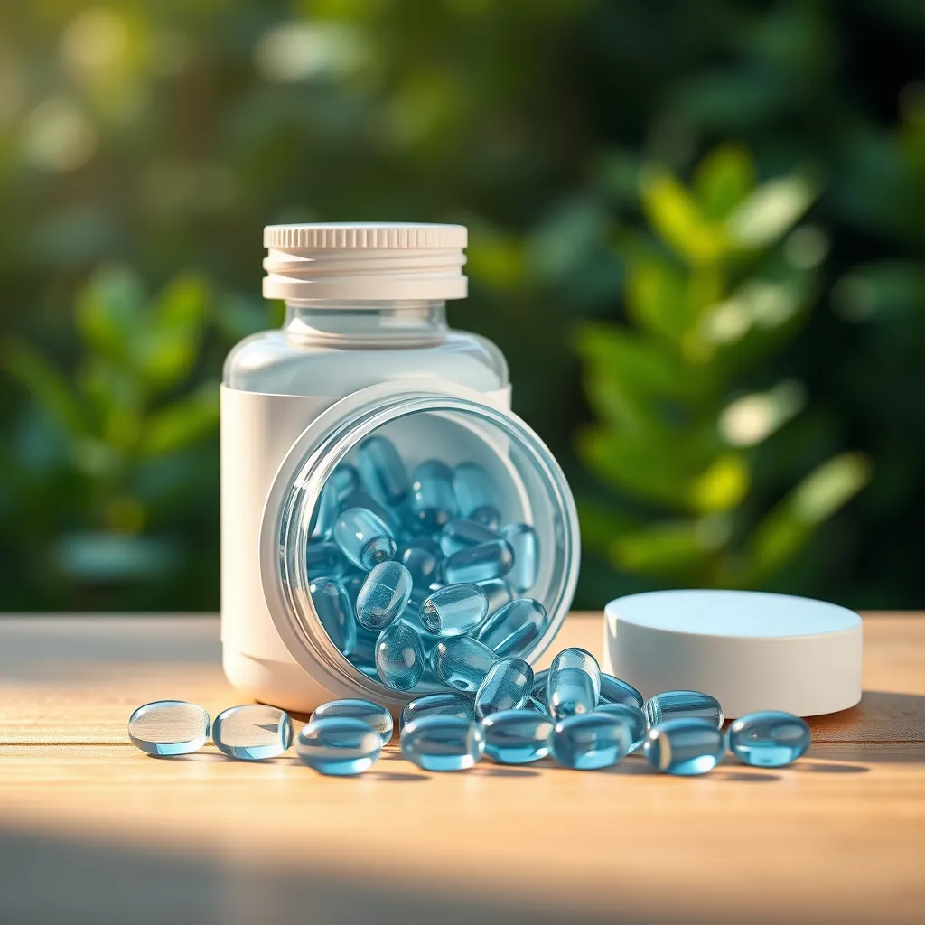 A high-quality, photorealistic image of a sleek, white bottle of Powerful Marine Collagen Tablets with Hyaluronic Acid, Biotin & Blueberry. The bottle is open, revealing a clear container filled with glistening, translucent blue-white capsules. The capsules are meticulously arranged in the container, with a few spilling out onto a natural wooden table. The wooden table has a soft, warm glow from a gentle light source coming from the left side of the image. The background is a blurred, out-of-focus image of a lush, green garden, creating a serene and inviting ambiance.  The composition emphasizes the product's visual appeal and natural ingredients. The image should be captured in a close-up perspective, focusing on the details of the capsules, bottle, and packaging. The overall style should convey a sense of natural beauty and elegance, reminiscent of high-end beauty products.  The lighting should be soft and diffused, enhancing the product's natural glow. The image should be rendered in 8K resolution with hyperrealistic detail.