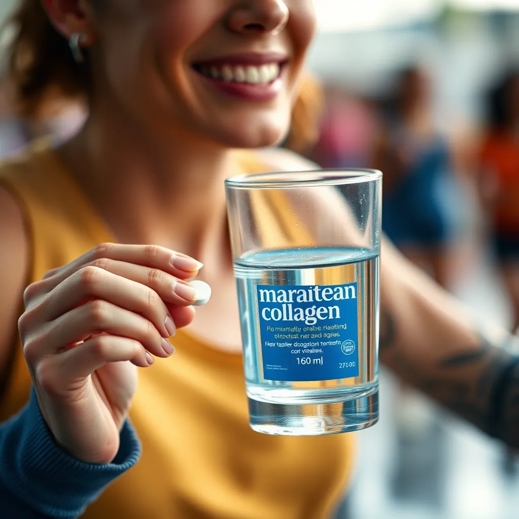 A person taking a marine collagen tablet with a glass of water, looking refreshed and energetic. The image should portray the ease of use and positive impact on the user's overall health and vitality. The background could be a vibrant and active setting, reflecting the energy and vitality associated with using the product.