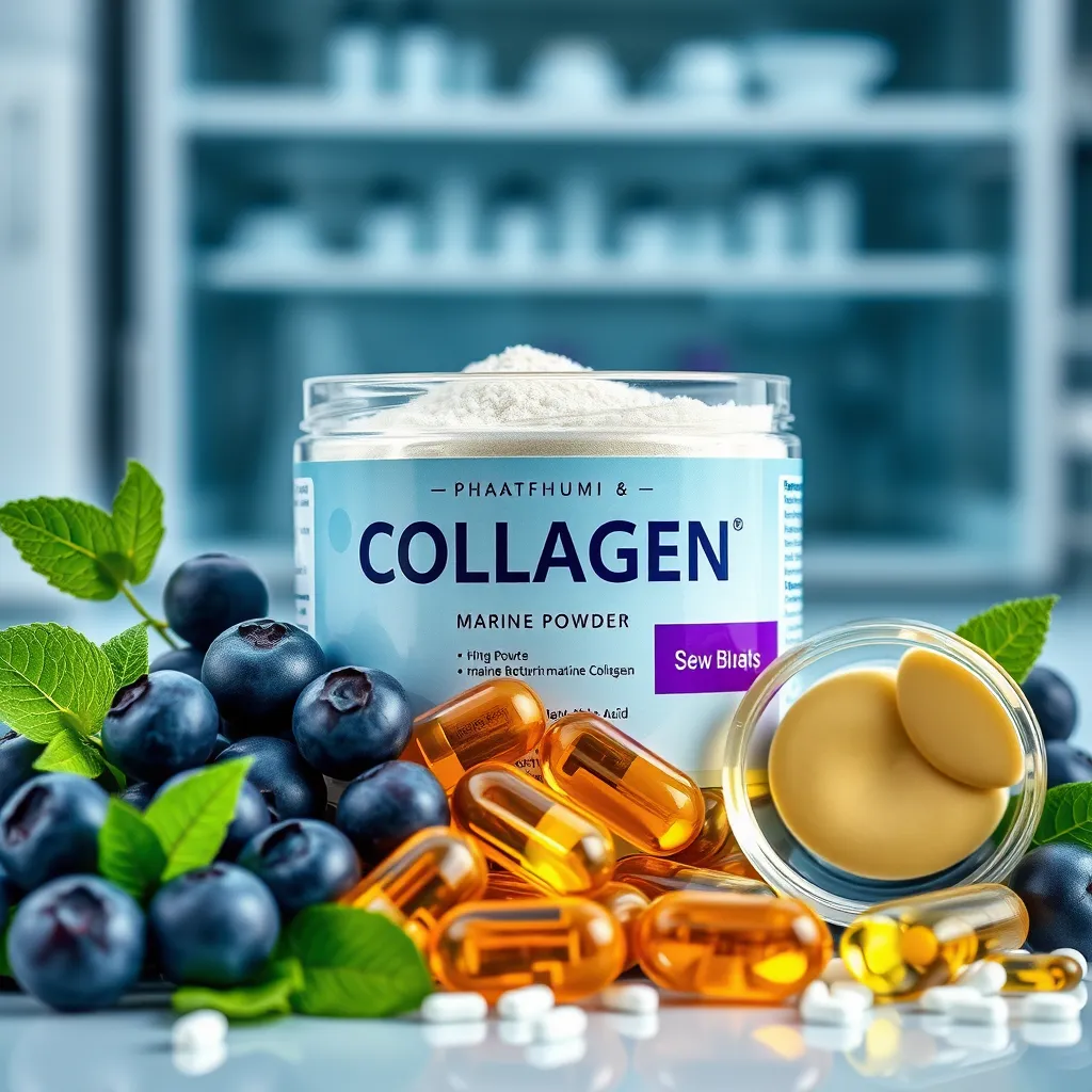 A visually appealing arrangement of various ingredients: marine collagen powder, hyaluronic acid capsules, biotin tablets, and blueberries. The image should emphasize the natural origin and high quality of the ingredients, highlighting the science behind the product's effectiveness. The background could be a sleek and modern lab setting, suggesting a focus on research and development.