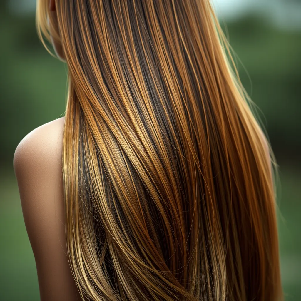 A woman with long, flowing, healthy hair cascading down her back. The hair should be shiny and voluminous, with a vibrant color and smooth texture. The background should be a soft, natural setting that enhances the beauty of the hair.