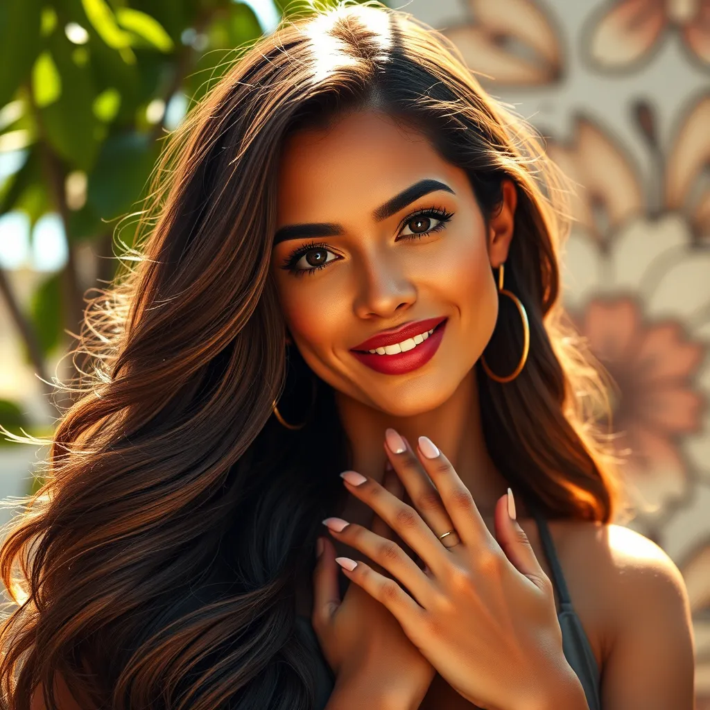 A woman with long, thick, shiny hair and strong, healthy nails. She is wearing a stylish outfit and looking directly at the camera with a confident smile. The background features natural elements like sunlight filtering through leaves or a floral design, emphasizing a sense of vitality and beauty.