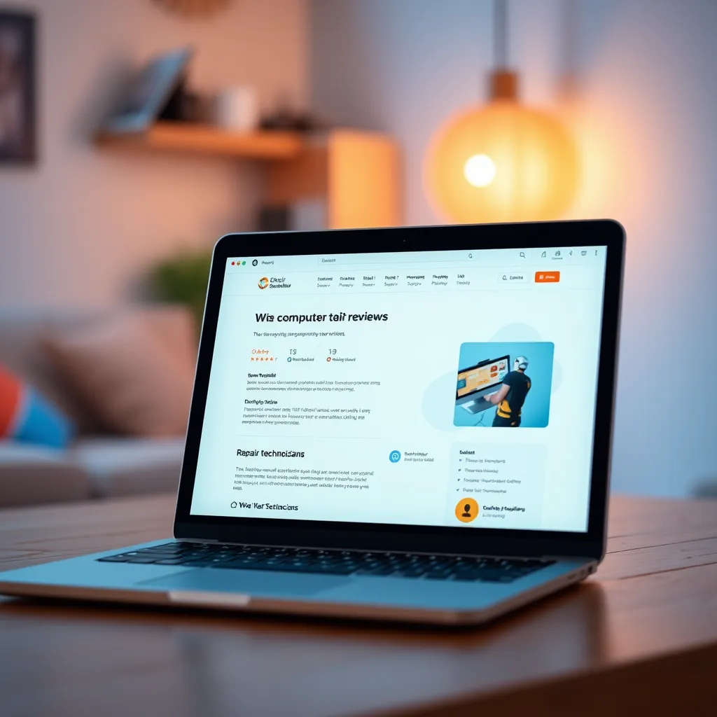 A close-up shot of a laptop screen displaying a website with computer repair reviews. The screen is brightly lit, with a soft glow emanating from the display. The background is blurred, with soft, warm lighting to create a cozy and inviting atmosphere. The website is clean and modern, with a focus on user testimonials and ratings. Emphasize the ease of navigation and the variety of services offered by the repair technicians.  The image should have a warm color palette, with soft blues and greens dominating the scene.  The image should be rendered in 8K resolution, with a hyperrealistic style to create a lifelike and detailed image.