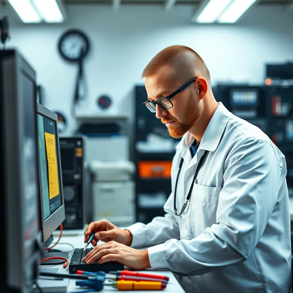 A composition depicting a computer repair technician working on a desktop computer. The technician is wearing a clean, professional uniform, with a name tag and company logo clearly visible.  The lighting should be bright and focused, highlighting the technician's skills and attention to detail.  The scene should include tools and equipment commonly used in computer repair, such as a screwdriver, multimeter, and soldering iron. The background should be a clean and organized workshop, with a focus on tools and equipment. The image should have a clean and professional style, using sharp lines and bright colors to emphasize the technician's expertise. Render the image in 8K resolution, with a hyperrealistic style to create a sense of realism.