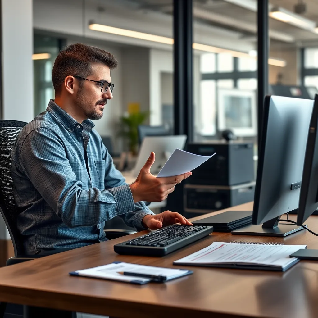 A computer repair engineer sitting at a desk, explaining a service contract to a customer. The desk has a computer monitor, keyboard, and a notepad with details of pricing and services. The background should be a modern and professional office environment.