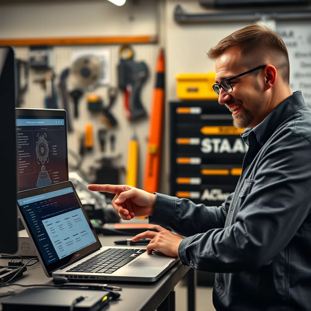 A friendly computer repair technician explaining a repair plan to a customer, pointing at a laptop screen displaying a detailed breakdown of the problem, with tools and diagrams in the background.