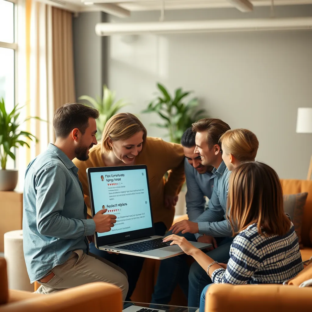 A group of people gathered around a laptop screen, discussing a computer repair issue. The screen shows positive online reviews and testimonials about a computer repair service. The background should be a warm and inviting office setting with comfortable furniture.