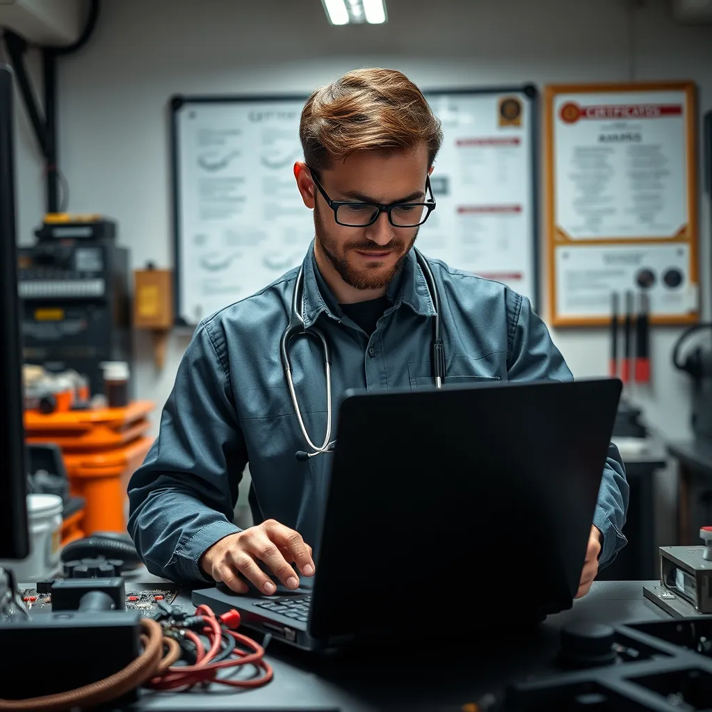 A professional-looking computer repair technician with a stethoscope, checking a laptop's components, surrounded by tools and equipment, in a well-lit workshop with a whiteboard displaying certifications and awards.