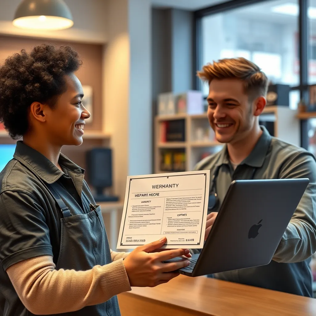 A satisfied customer receiving a repaired laptop from a computer repair technician, with a document showcasing the warranty details and a helpline number on it, in a modern, welcoming shop setting.