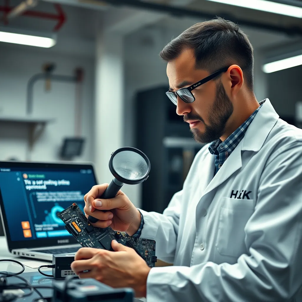 A technician in a clean, well-lit workshop, wearing a lab coat and glasses, carefully inspecting a motherboard with a magnifying glass.  A laptop with glowing screen is in the background, displaying positive online reviews. The atmosphere should be professional and trustworthy.