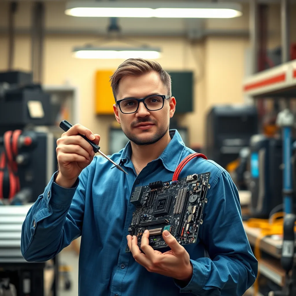 A technician wearing a blue shirt and glasses, holding a screwdriver and a computer motherboard, standing in a brightly lit workshop with tools and equipment around him. The background should be a blurred image of other computers and electronic components.