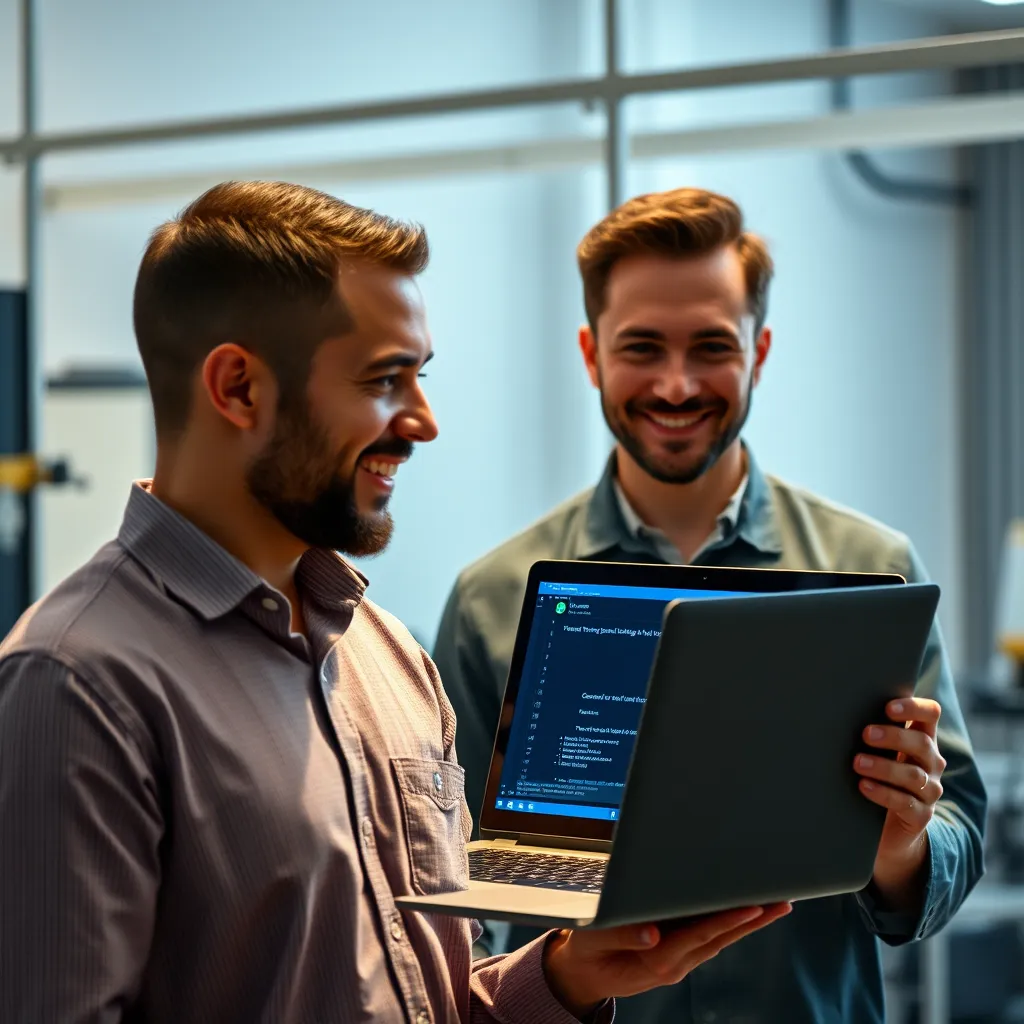 A technician with a friendly smile, holding a laptop with a problem message on the screen, explaining the issue to a client. The client is looking at the technician and nodding thoughtfully.  The image should be bright and inviting, showcasing a professional and understanding approach.