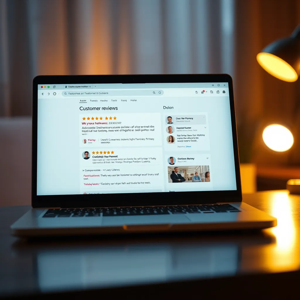 A visual representation of online customer reviews.  A laptop screen displays a customer review website, highlighting positive feedback and testimonials. The website interface is clean and easy to navigate, with clear ratings and comments from previous customers. The laptop is placed on a desk in a dimly lit room, with warm, soft lighting creating a cozy and inviting atmosphere. The image should focus on the positive reviews and testimonials, showcasing the trust and satisfaction of past clients. The image should have a warm and inviting color palette, with soft blues and yellows dominating the scene. The image should be rendered in 8K resolution, with a photorealistic style to create a visually appealing and believable scene.