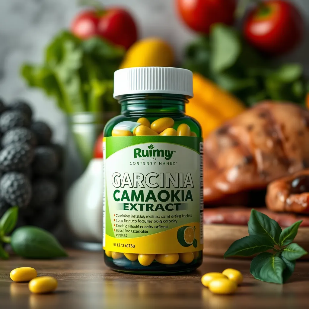 A close-up image of a bottle of Garcinia Cambogia extract capsules, with a background of healthy food choices like fruits, vegetables, and lean protein. The image should convey a sense of healthy living and natural weight management.