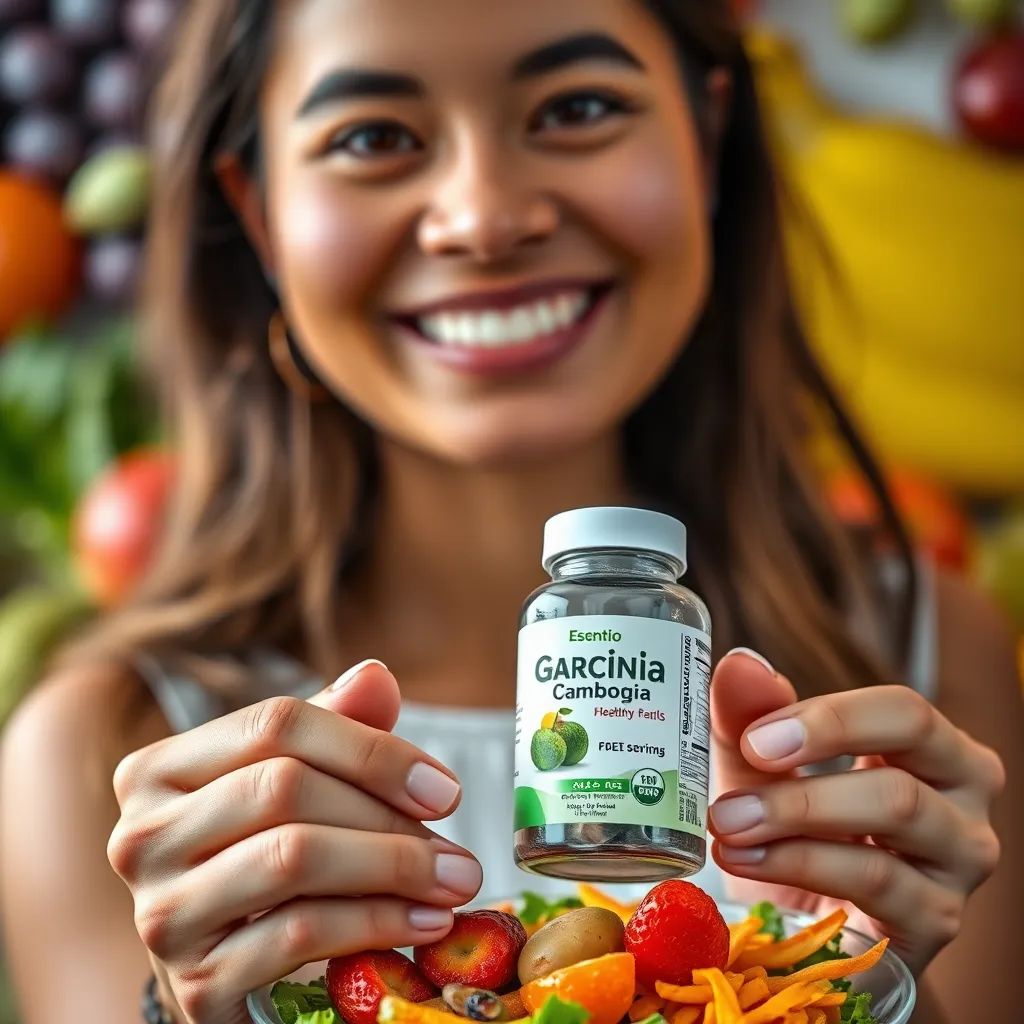 A close-up image of a person looking happy and confident while holding a plate of healthy food with a vibrant background of fruits and vegetables. The person is holding a small bottle of Garcinia Cambogia capsules in their other hand.