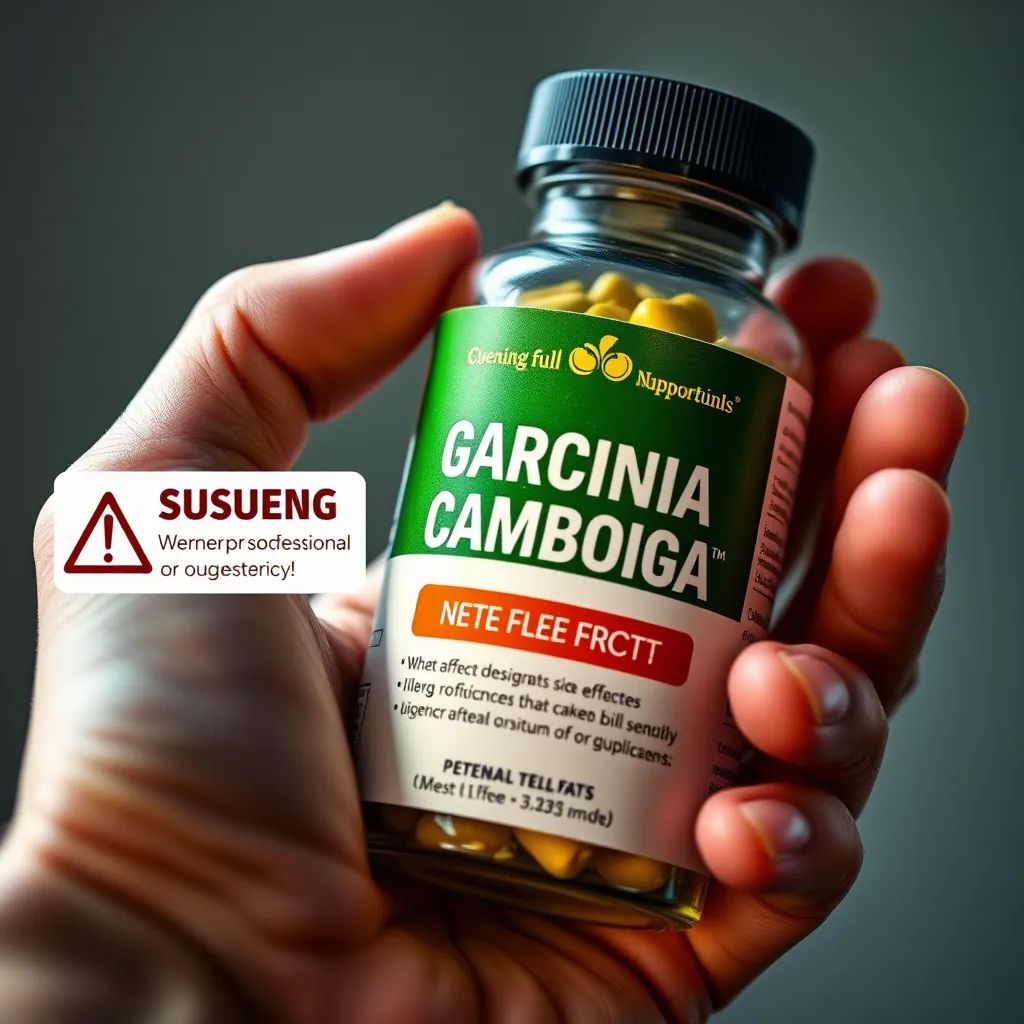 A close-up image of a person's hand holding a bottle of Garcinia Cambogia supplements, with a small, subtle warning sign in the corner, indicating potential side effects. The image should be well-lit and have a slightly dramatic feel to emphasize the importance of caution and professional guidance.