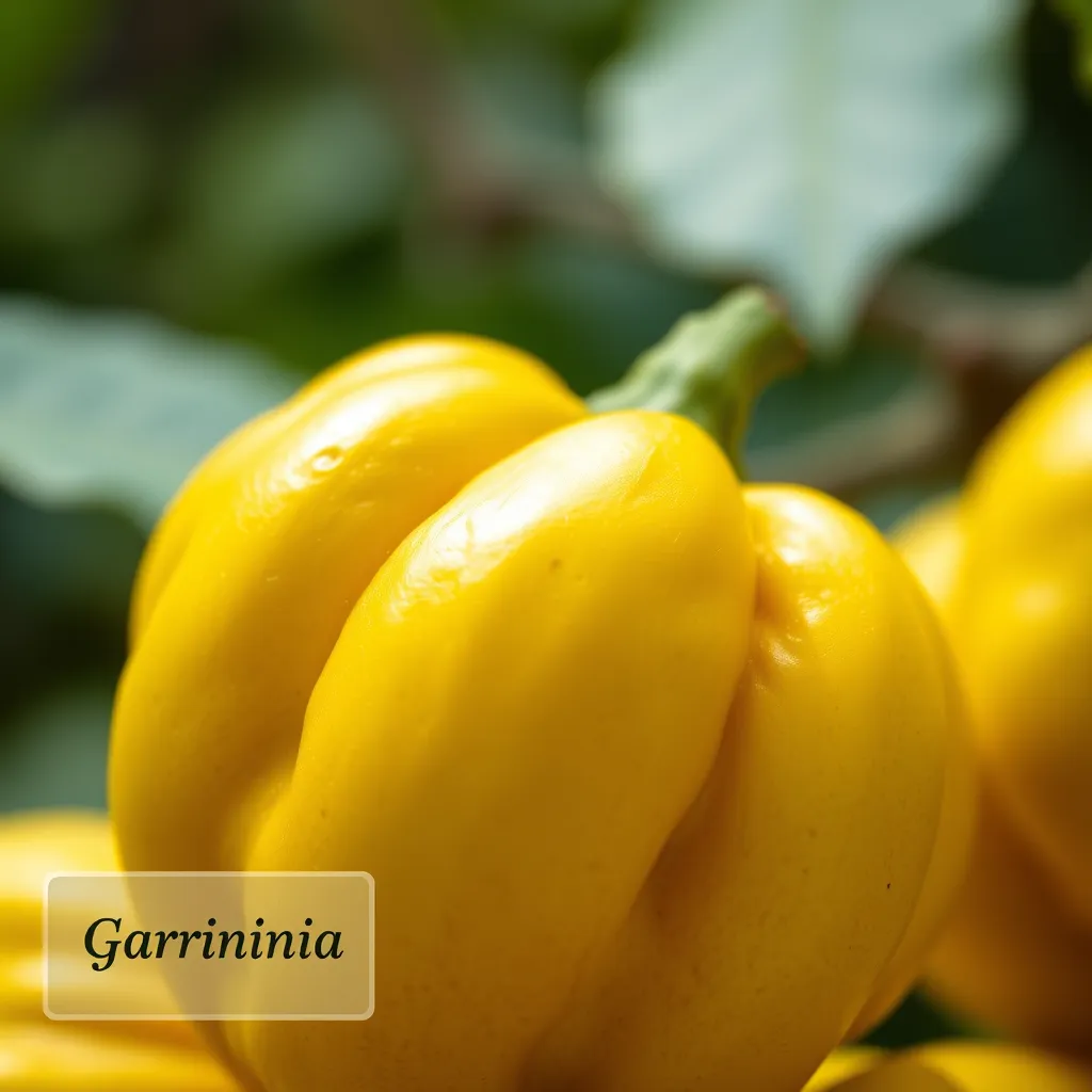 A close-up image of a ripe Garcinia Cambogia fruit, showing its yellow-green skin and juicy flesh. The image should be brightly lit and have a natural, organic feel. Include a small label in the corner that reads 'Garcinia Cambogia' in a simple, elegant font.