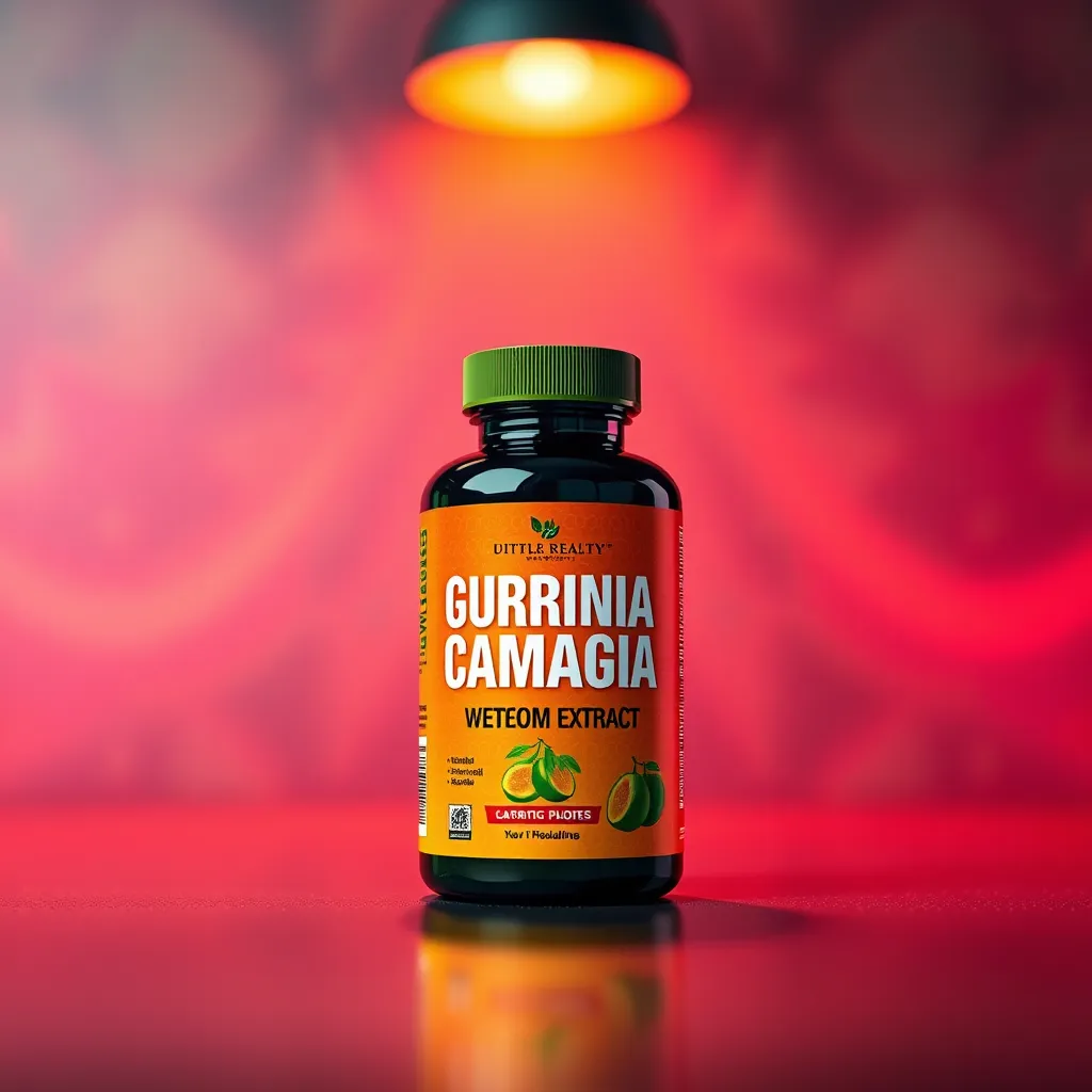 A hyperrealistic image of the Garcinia Cambogia Extract bottle, featuring vibrant colors and dynamic lighting. The bottle should be the central focus, with a slight tilt to emphasize its sleek design. The background should be a soft, gradient blur with a subtle pattern, creating a sense of depth and intrigue. The lighting should be warm and inviting, highlighting the product's premium quality. The image should be captured in a studio setting with high-quality lighting and a sharp focus. The final image should convey a sense of sophistication and confidence, similar to advertisements in fitness magazines.