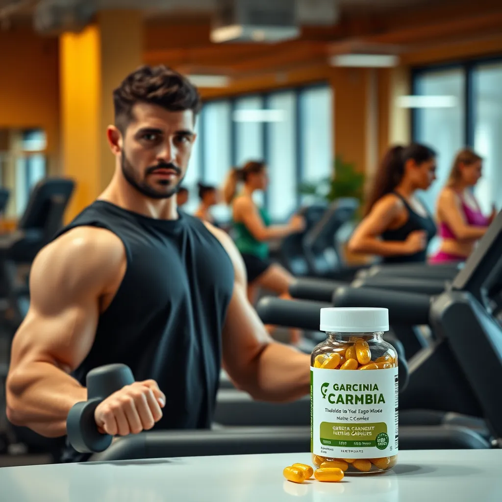 A person in a gym setting is lifting weights and using a treadmill, surrounded by other people exercising. The image focuses on the person's determined expression and their healthy lifestyle. In the background, a small bottle of Garcinia Cambogia capsules sits on a table.