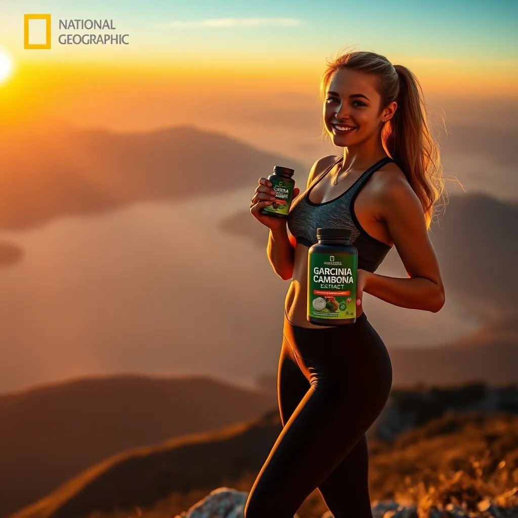 A photorealistic image depicting a young, fit woman standing on a mountain peak overlooking a stunning sunset. She is wearing activewear and holding a bottle of Garcinia Cambogia Extract. The image should capture a sense of accomplishment and empowerment, with the woman feeling confident and healthy. The lighting should be warm and dramatic, with the setting sun casting a golden glow over the scene. The image should be captured in a wide-angle perspective, showcasing the expansive landscape and emphasizing the woman's sense of freedom and well-being. The overall style should be inspiring and motivational, promoting a healthy and active lifestyle. The image should be in the style of National Geographic photography, capturing the beauty of nature and the power of human resilience.