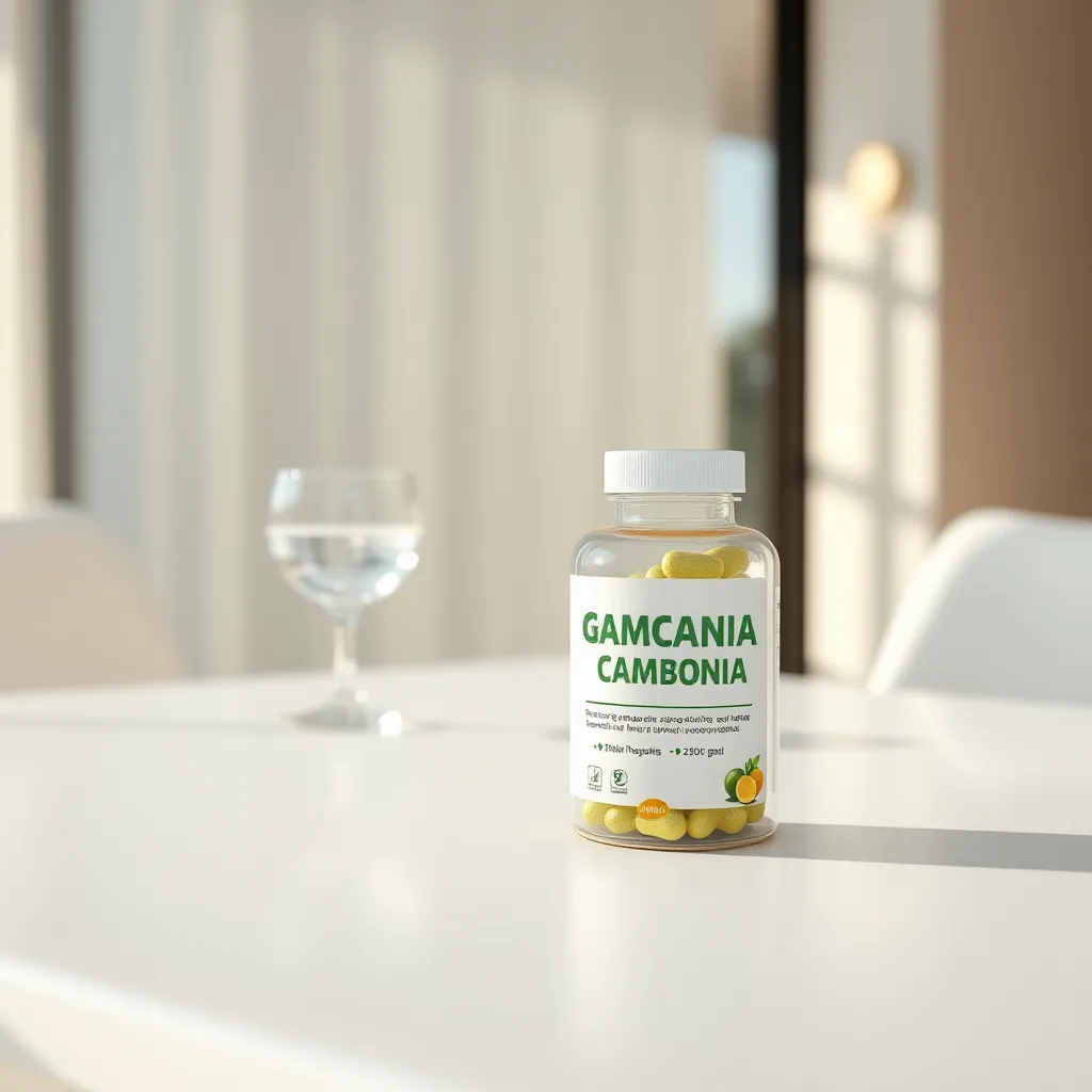 A photorealistic image in 8K resolution of a sleek, white table with a minimalist design. The table is set with a white tablecloth and a single, clear glass of water. The main focus is on a bottle of Garcinia Cambogia Extract pills, sitting prominently in the center. The bottle is a high-quality, modern design with a glossy, reflective surface.  The pills inside are visible through the transparent capsule. The background is blurred, with soft natural lighting casting a warm, inviting glow on the scene. The overall style should convey professionalism and trustworthiness, similar to high-end product photography in magazines. The image should evoke feelings of health, wellness, and natural beauty.