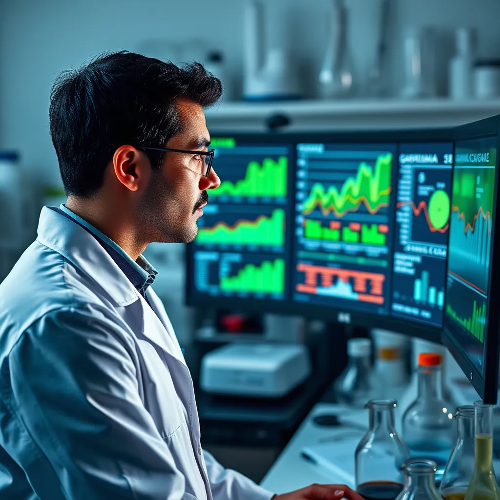 A scientist in a lab coat is looking intently at a computer screen displaying graphs and data related to Garcinia Cambogia research. The lab is filled with various scientific equipment and beakers.