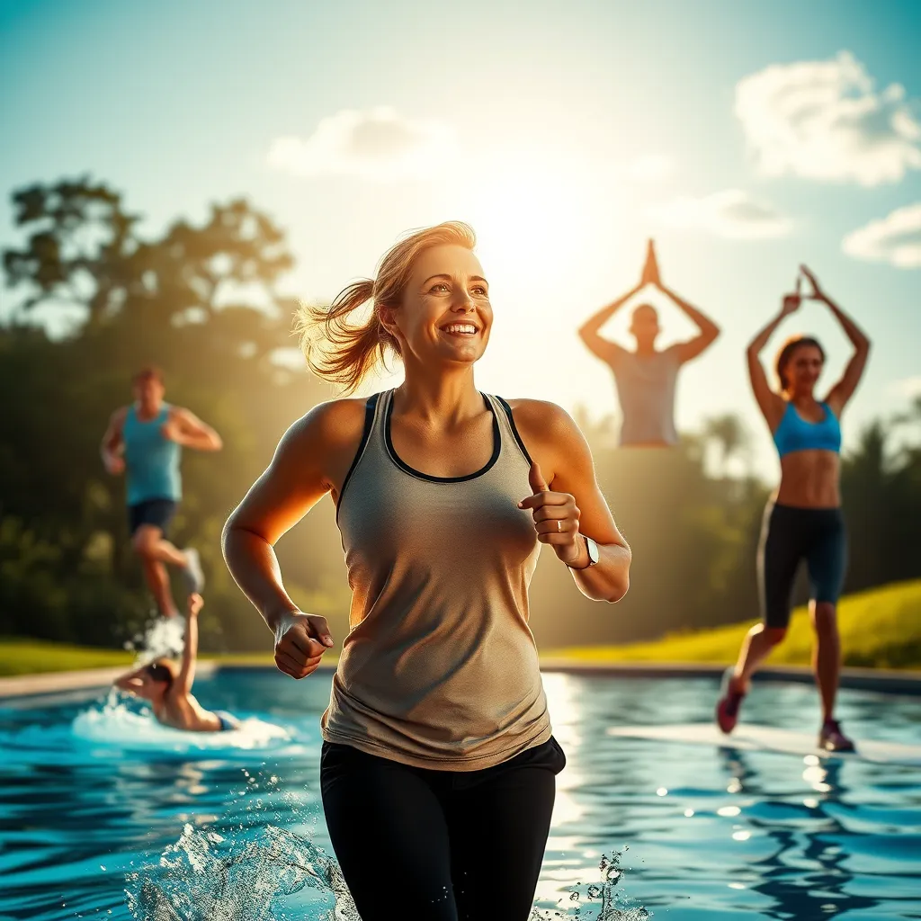 A vibrant image of a person engaging in various physical activities like jogging, swimming, and yoga. The image should convey a positive and active lifestyle, emphasizing the importance of exercise for weight management.