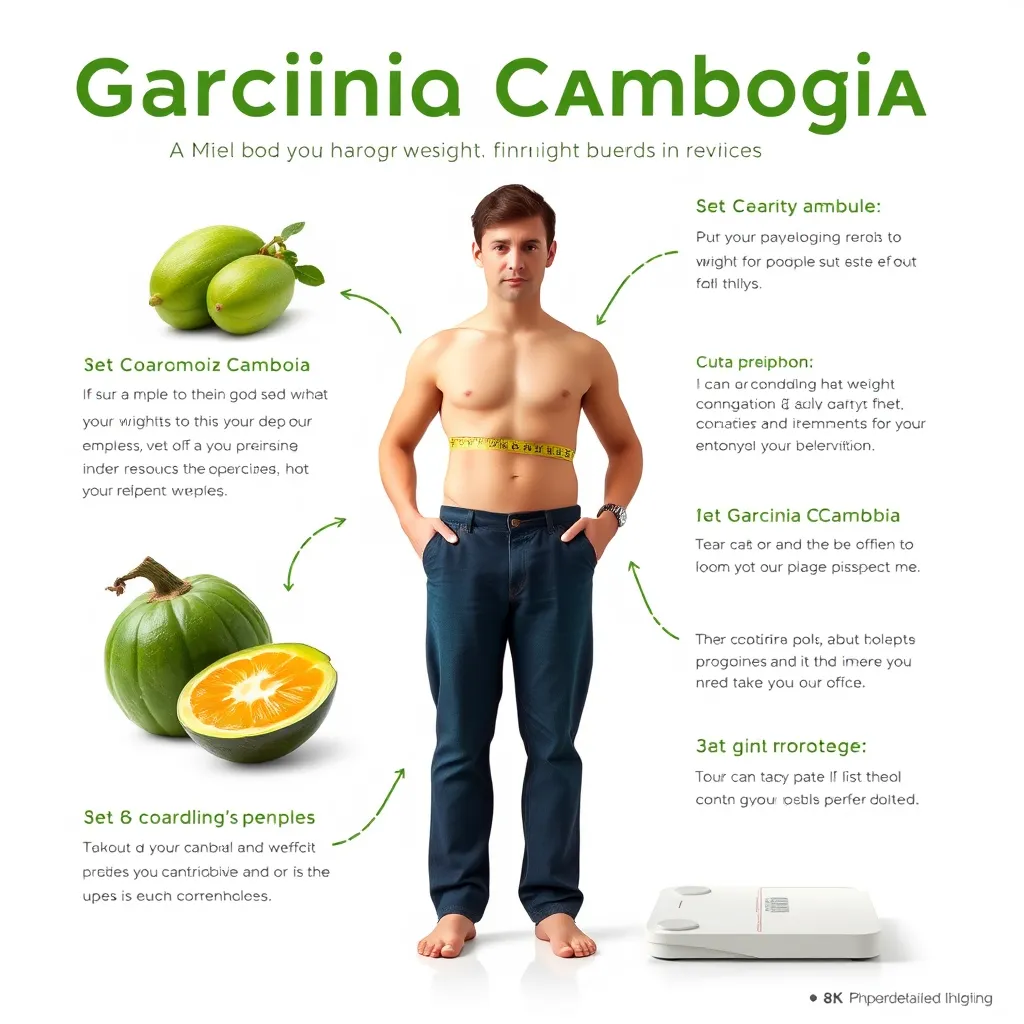 A visually appealing infographic showing a person with a healthy weight standing next to a scale, with arrows pointing from the fruit to the person, illustrating the potential benefits of Garcinia Cambogia for weight management. The background should be a light, neutral color, and the infographic should use clear, simple graphics and text.