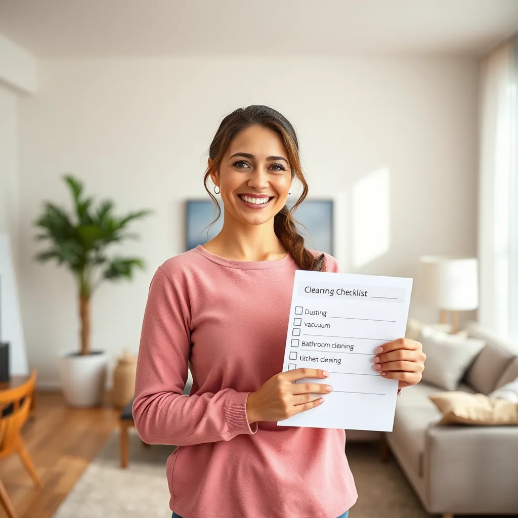 A cheerful woman standing in a bright, modern living room, holding a cleaning checklist and smiling at the camera. The checklist includes items like "dusting", "vacuuming", "bathroom cleaning", and "kitchen cleaning".