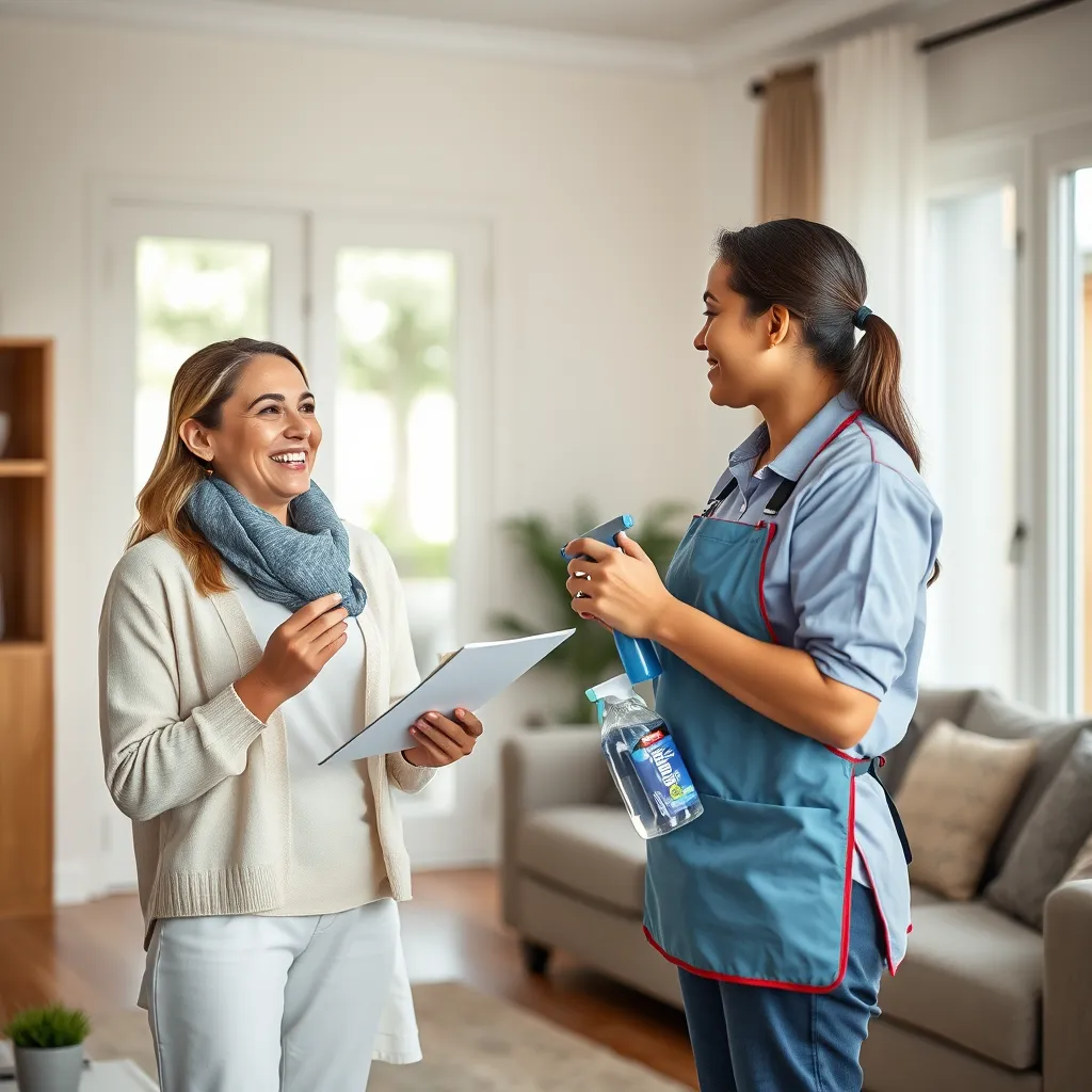 A friendly conversation between a woman and a professional house cleaner in a tidy living room. The woman is smiling and holding a notepad while the cleaner is listening attentively and holding a cleaning spray bottle.