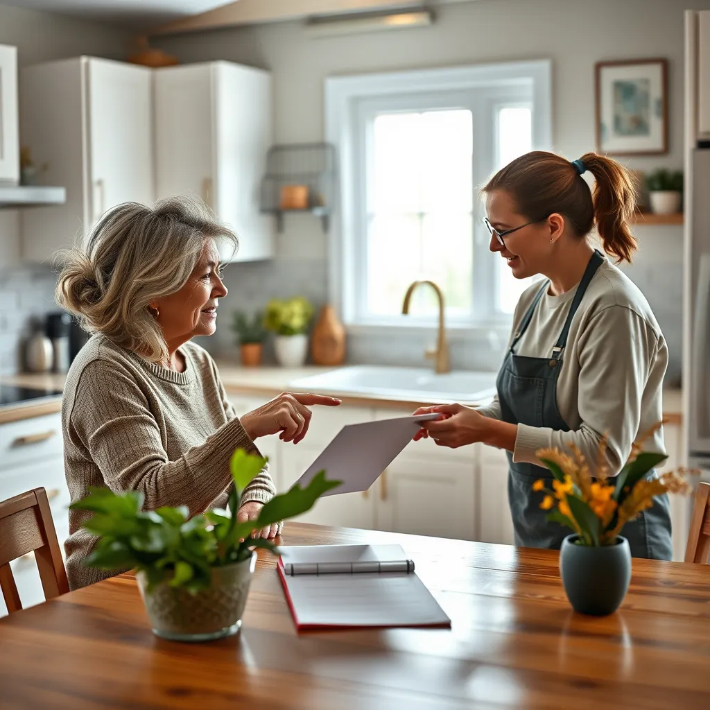 A homeowner sitting at a kitchen table, discussing cleaning details with a house cleaner. They are pointing at a list of tasks on a notepad. The image should highlight the importance of clear communication.