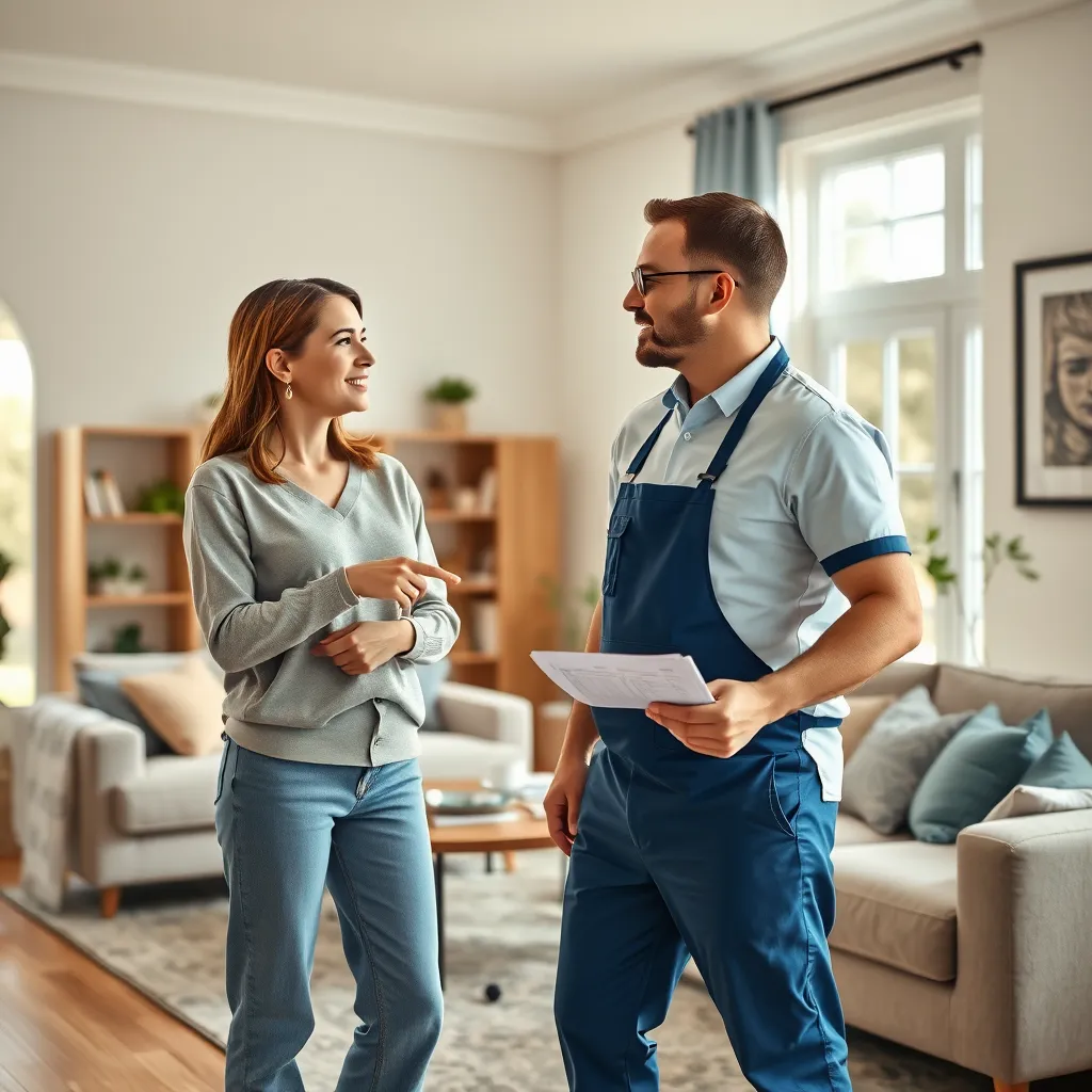 A hyperrealistic, detailed image of a woman and a house cleaner standing in a living room. The woman is dressed in casual clothing, pointing to a specific area of the room while speaking to the cleaner. The house cleaner, dressed in a professional cleaning uniform, is listening attentively and nodding, holding a cleaning checklist in their hand. The living room is bright and airy, with large windows, comfortable furniture, and a few decorative elements like a bookshelf and artwork on the walls. The color palette is warm and inviting, with soft blues, greens, and creams. The camera angle is from a slightly elevated perspective, capturing the interaction between the woman and the cleaner in a natural and intimate way. The image should convey a sense of clear communication and mutual understanding, emphasizing the importance of open dialogue between the homeowner and the cleaner.