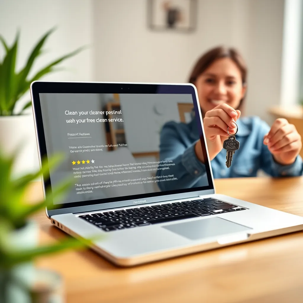 A laptop screen displaying a website with positive customer reviews about a cleaning service, alongside a happy customer holding a clean and sparkling house key.