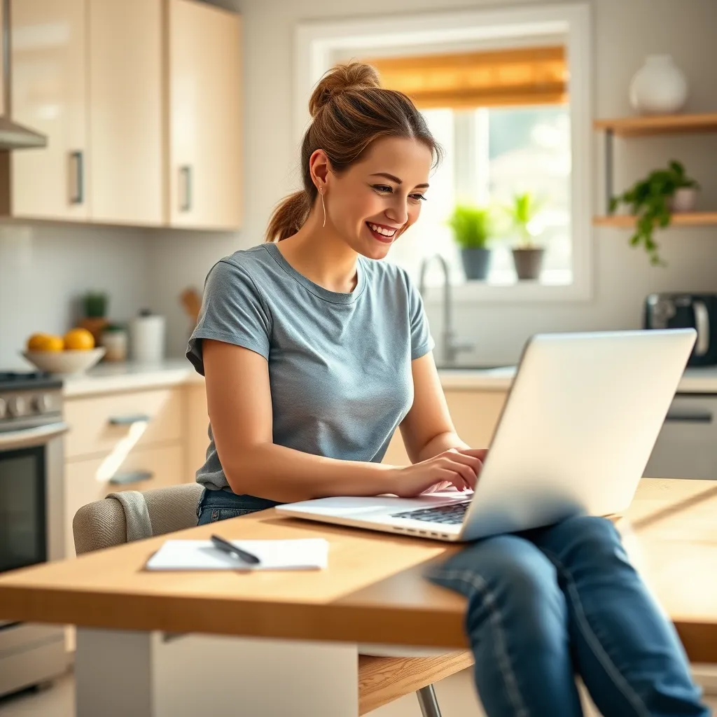 A photorealistic, 8K resolution image of a woman in her 30s, dressed casually in jeans and a t-shirt, sitting at a kitchen table with a laptop open in front of her. She is smiling and looking thoughtfully at the screen, with a notepad and pen next to her. The scene is bright and cheerful, with natural sunlight streaming through a window. The kitchen is modern and clean, with stainless steel appliances, white countertops, and light wood cabinets. There are a few potted plants on the windowsill and a bowl of fresh fruit on the counter. The image should capture a sense of calm and organization, highlighting the woman's satisfaction with her cleaning service selection. The background should be intentionally blurred, focusing attention on the woman and her laptop. The composition should be balanced and engaging, creating a sense of warmth and trust.