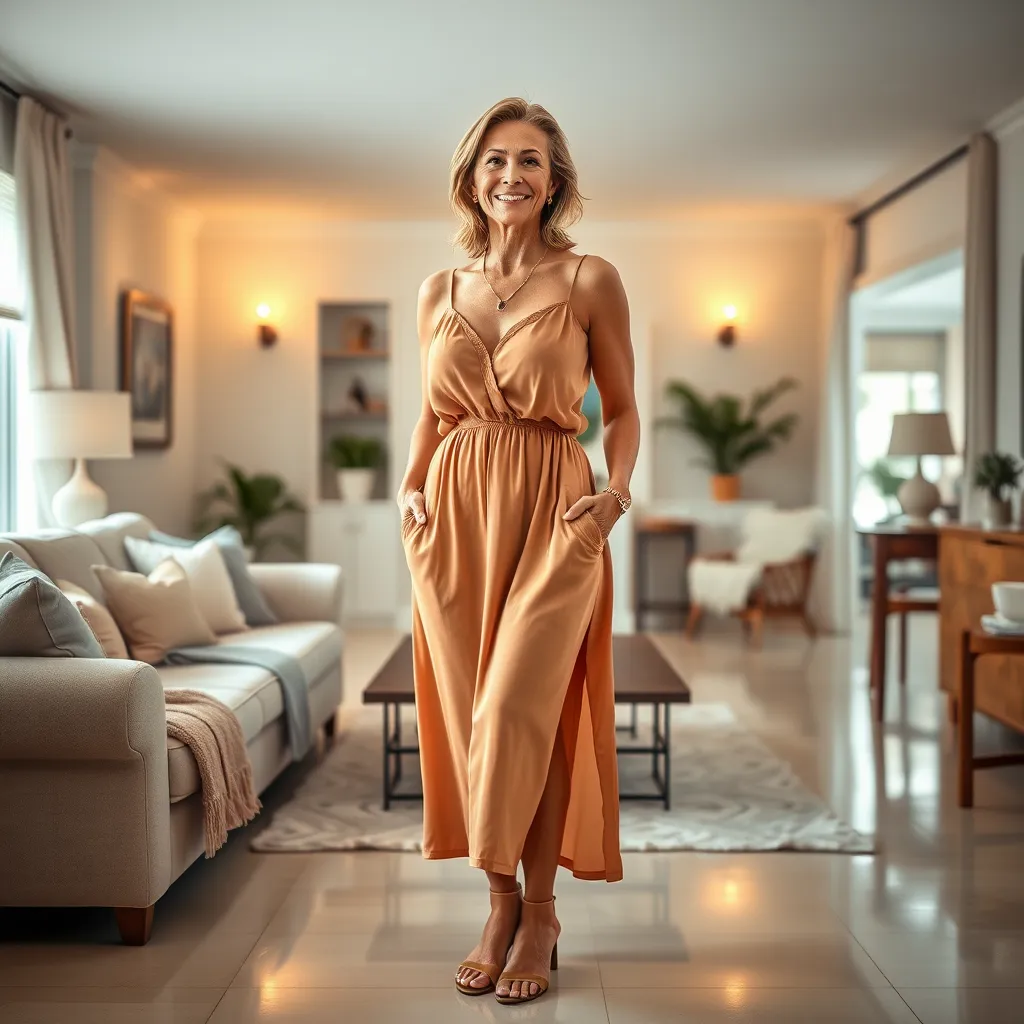 A photorealistic image of a woman in her 40s, wearing a stylish sundress and a confident smile, standing in her immaculate home. The scene is warm and inviting, with soft, diffused lighting highlighting the details of the room. The furniture is arranged in a welcoming way, with plush cushions, throw blankets, and a beautifully styled coffee table. The floor is gleaming and the surfaces are spotless. The camera angle is slightly elevated, showcasing the woman's pride in her home and her satisfaction with her cleaning service. The background is intentionally blurred, drawing attention to the woman and the cleanliness of her surroundings. The image should convey a sense of luxury, comfort, and peace, highlighting the positive impact of a professional cleaning service on the homeowner's life.