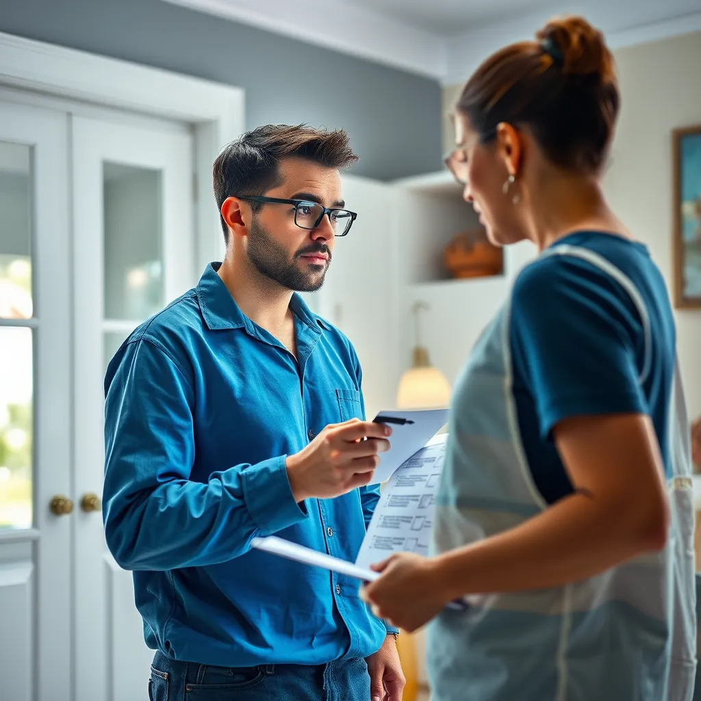 A professional cleaner discussing a checklist with a client, detailing cleaning tasks like dusting, vacuuming, mopping, and sanitizing various areas of the house.