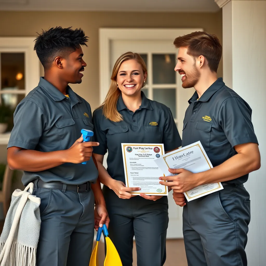 A professional cleaning service team wearing uniforms, holding cleaning equipment, and showing their business license and insurance documents to a happy homeowner.