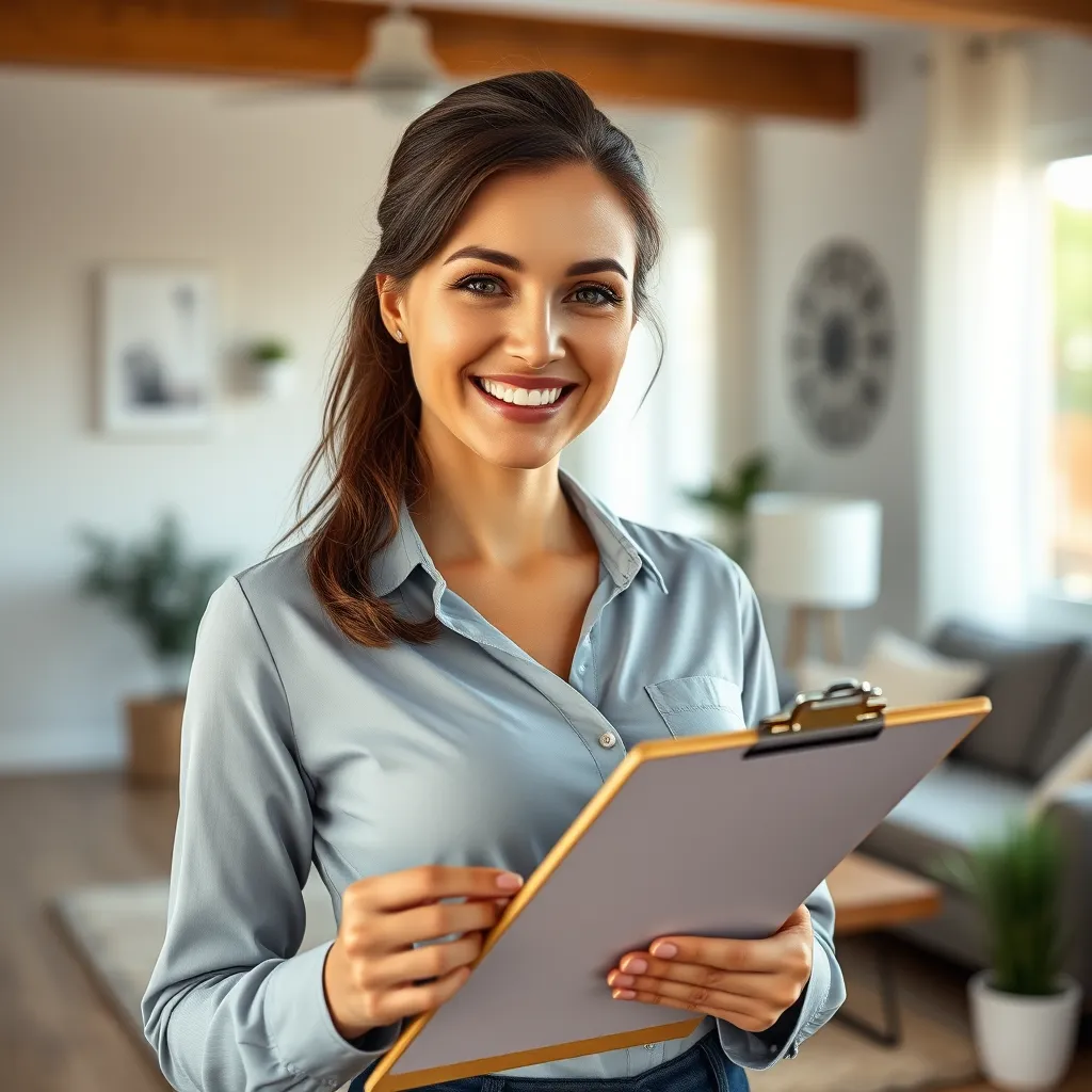 A professional-looking woman with a friendly smile, holding a clipboard with a checklist on it, standing in a clean and tidy living room. The image should convey a sense of trust and professionalism.