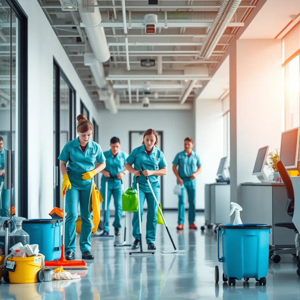 A team of professional cleaners in uniform working in a modern office space, with cleaning supplies and equipment. The image should convey efficiency, professionalism, and attention to detail.