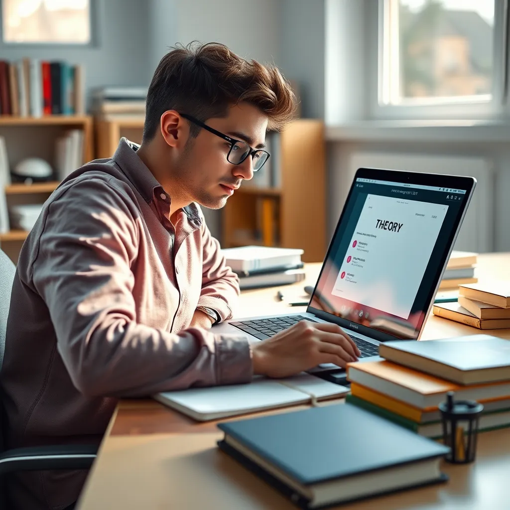 A hyperrealistic image of a student studying for their driving theory test. The student is sitting at a desk in a brightly lit room, surrounded by books, notes, and a laptop. The laptop is displaying a mock theory test, with a realistic user interface and a timer counting down. The student is looking intently at the screen, with a focused expression. The image should depict a comfortable and efficient study space, with a color palette that evokes a sense of calmness and concentration. The lighting should be bright and clear, casting soft shadows that enhance the details of the objects in the scene. The camera angle should be slightly elevated, looking down at the student, capturing a close-up of their face and the laptop screen. The image should have a vibrant and detailed style, emphasizing the textures of the books, the laptop, and the surrounding objects.