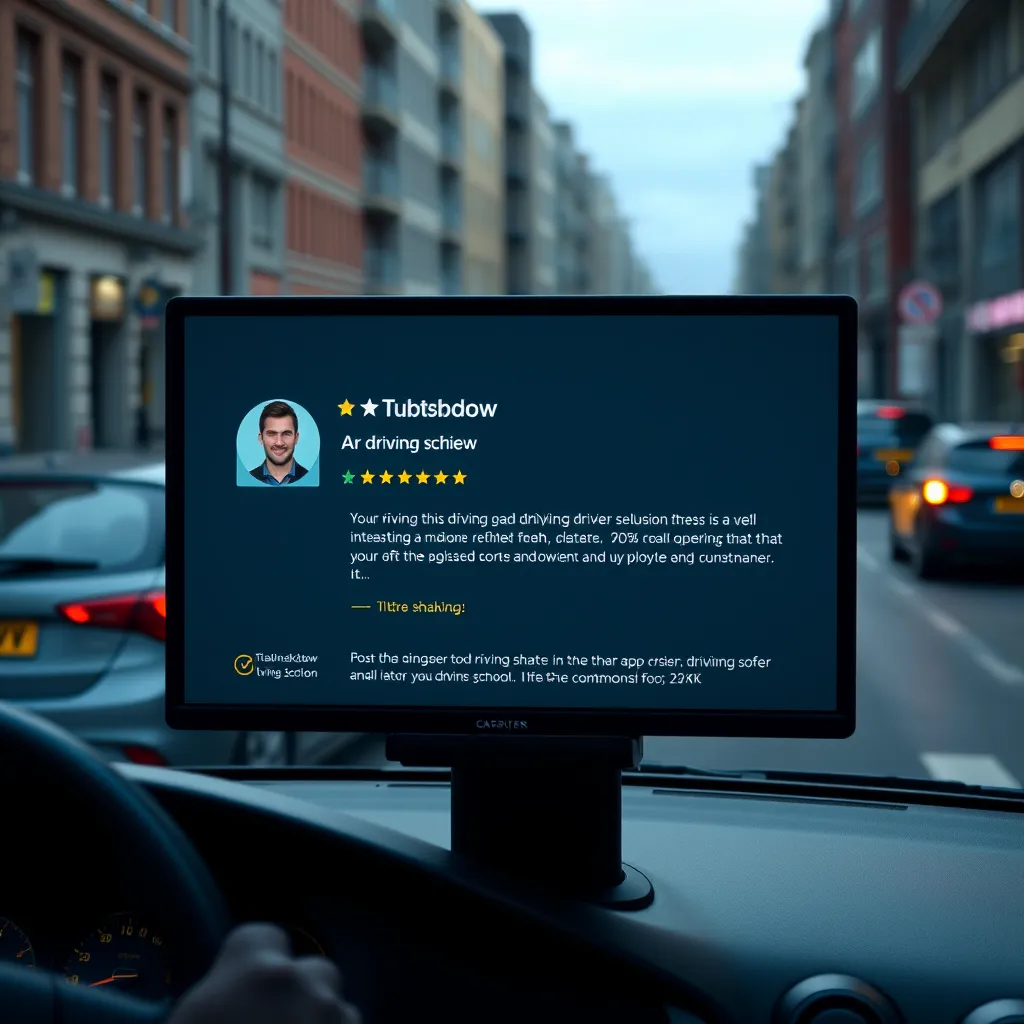 A modern, clean website design featuring a screen displaying a customer review of a driving school, with positive ratings and comments. The background should be a city street with cars and a driving instructor in the distance.