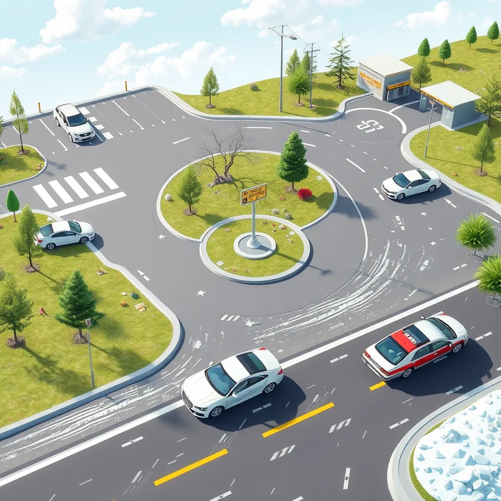 A photorealistic illustration depicting a driving school curriculum. The image shows various driving situations, including parallel parking, navigating roundabouts, merging onto highways, and driving in challenging weather conditions. The image should be clear, informative, and visually appealing.