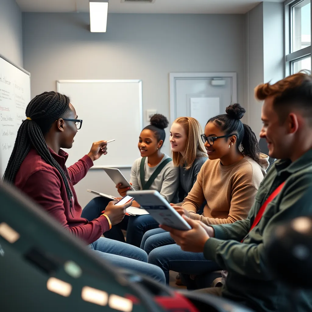 A photorealistic image of a diverse group of learners interacting with their driving instructors in a relaxed and supportive learning environment. The scene could include an instructor explaining a concept on a whiteboard, two learners practicing parallel parking with a friendly instructor guiding them, and another learner reviewing driving theory materials on a tablet.