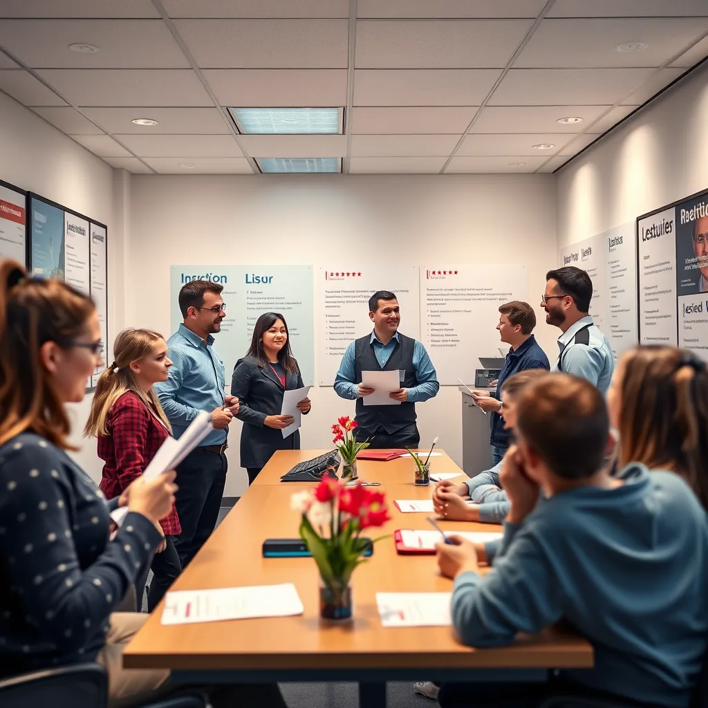 A photorealistic image of a driving school's office with happy students and instructors interacting with each other. The scene could show students receiving certificates or awards, instructors explaining lessons in a classroom, and a wall with a display of positive reviews and testimonials.