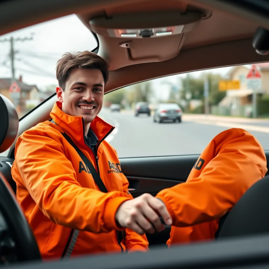 A photorealistic image of a driving instructor with a friendly smile, wearing a bright orange jacket with the words 'ADI Approved' on it. The instructor is standing next to a learner driver in a car, with the instructor's hand on the gear stick, demonstrating a driving maneuver. The background is a typical suburban street with clear road markings and signage.