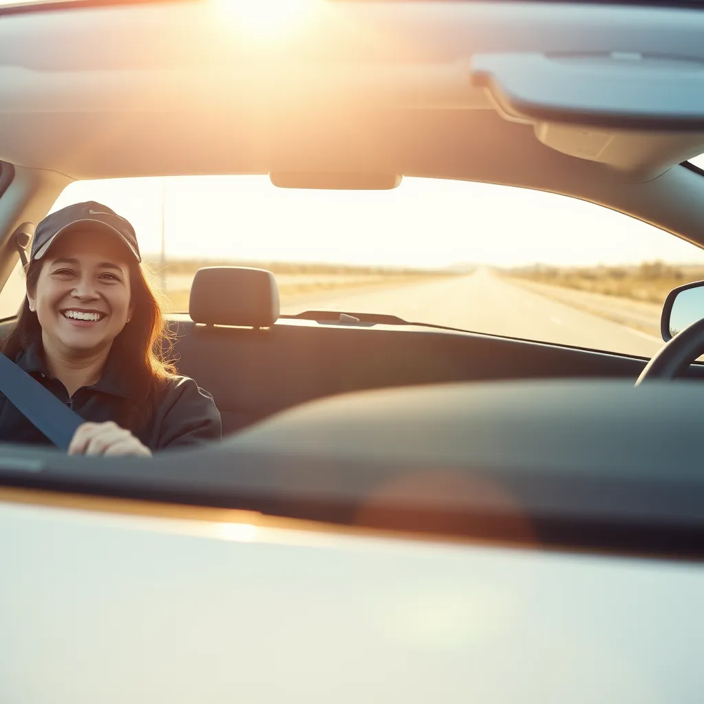 A photorealistic image of a driving instructor in a car with a student, both smiling and looking confident. The background is a bright, sunny road with a clear view of the horizon. The car is a modern, silver sedan with a clean interior.